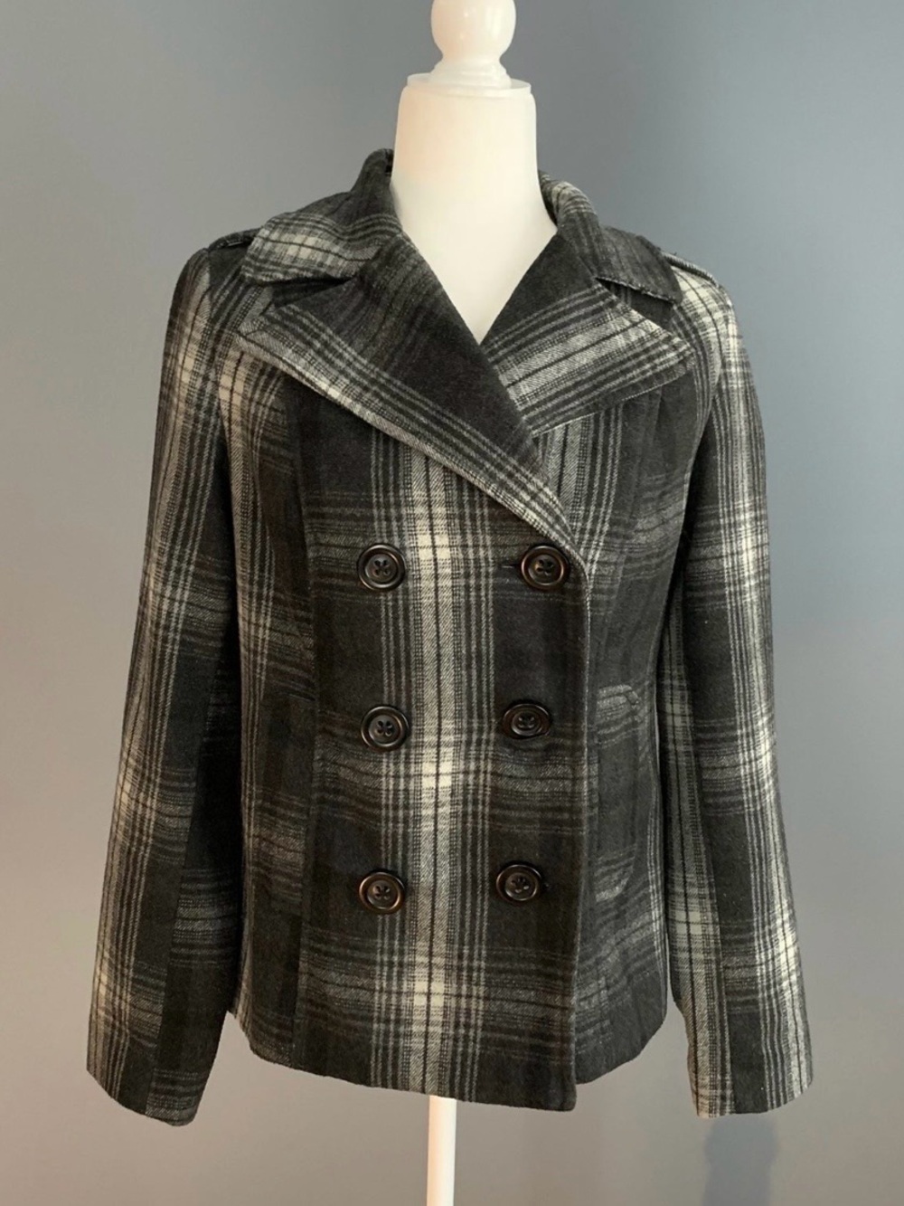 Old Navy Classic Women's Wool Blend Plaid Peacoat - Gray